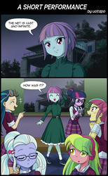 Size: 800x1300 | Tagged: safe, artist:uotapo, indigo zap, lemon zest, sci-twi, sour sweet, sugarcoat, sunny flare, twilight sparkle, equestria girls, g4, my little pony equestria girls: friendship games, clothes, comic, crystal prep academy uniform, ghost in the shell, glasses, manga, movie reference, necktie, school tie, school uniform, schoolgirl, shadow five, shadow six