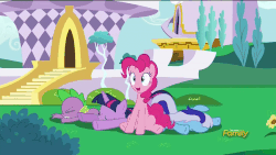 Size: 850x478 | Tagged: safe, screencap, minuette, pinkie pie, spike, twilight sparkle, alicorn, dragon, earth pony, pony, unicorn, amending fences, g4, :o, animated, canterlot, eyes closed, faceplant, female, flying, frown, gif, male, mare, open mouth, pinkie being pinkie, pinkie physics, pinkiecopter, prone, smiling, tailcopter, talking, twilight sparkle (alicorn), wat, wide eyes
