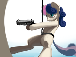 Size: 1600x1200 | Tagged: safe, artist:chickhawk96, bon bon, sweetie drops, earth pony, pony, g4, beretta, female, gun, harness, hoof hold, pistol, rope, secret agent sweetie drops, solo, who needs trigger fingers