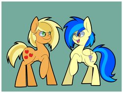 Size: 1000x750 | Tagged: safe, artist:koportable, applejack, oc, oc:silvia windmane, earth pony, pegasus, pony, g4, alternate hairstyle, cloud, duo, looking at each other, open mouth, raised hoof, smiling