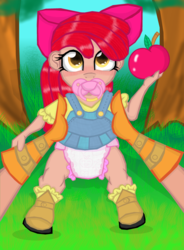 Size: 2337x3181 | Tagged: safe, artist:cuddlelamb, apple bloom, applejack, human, g4, apple, baby, diaper, high res, humanized, pacifier, younger