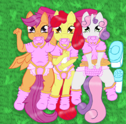 Size: 2481x2437 | Tagged: safe, artist:cuddlelamb, apple bloom, scootaloo, sweetie belle, earth pony, anthro, g4, baby powder, baby wipes, cutie mark crusaders, diaper, diaper fetish, female, foal powder, high res, non-baby in diaper, pacifier