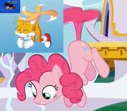 Size: 717x624 | Tagged: safe, artist:skye-izumi, screencap, pinkie pie, amending fences, g4, comparison, crossover, dragon ball, fanart from other series, flying, image macro, male, meme, miles "tails" prower, pinkie being pinkie, pinkie physics, pinkiecopter, son goku, sonic the hedgehog (series), tailcopter