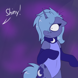 Size: 900x900 | Tagged: dead source, safe, artist:php199, princess luna, alicorn, pony, naughty luna, g4, bipedal, clothes, collar, female, floppy ears, frown, gloves, hair over one eye, leotard, looking back, mare, s1 luna, socks, solo, tumblr, wide eyes, wingless, wingless alicorn