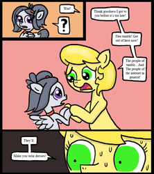Size: 640x720 | Tagged: safe, artist:ficficponyfic, rumble, oc, oc:golden brisk, ask golden brisk, ask trap-rumble, g4, alternate hairstyle, ask, choker, comic, cute, dialogue, eyelashes, foal, male, sweat, trap, tumblr