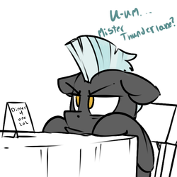Size: 600x600 | Tagged: safe, artist:whydomenhavenipples, rumble, thunderlane, pegasus, pony, g4, annoyed, chair, cute, dialogue, male, offscreen character, reservation, restaurant, sitting, slouching, stallion, table, thunderbetes