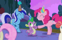 Size: 510x328 | Tagged: safe, screencap, minuette, morning roast, pinkie pie, spike, twinkleshine, dragon, earth pony, pony, unicorn, amending fences, g4, season 5, animated, butt, dancing, party hard, plot, the club can't even handle me right now