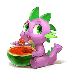Size: 737x755 | Tagged: safe, artist:audrarius, spike, dragon, g4, baby, baby dragon, baby spike, cute, eating, food, male, open mouth, simple background, sitting, solo, spikabetes, spoon, tongue out, watermelon, white background