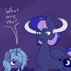 Size: 1200x1200 | Tagged: dead source, safe, artist:php199, princess luna, alicorn, pony, naughty luna, g4, bipedal, chest fluff, clothes, collar, fangs, female, folded wings, gloves, horns, looking at each other, looking at someone, mare, multeity, purple background, simple background, speech bubble, tumblr, tumblr:horny luna, wings