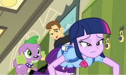 Size: 621x370 | Tagged: safe, screencap, spike, teddy t. touchdown, twilight sparkle, dog, equestria girls, g4, my little pony equestria girls, background human, eyes on the prize, out of context, smiling, spike the dog