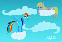 Size: 2978x2039 | Tagged: dead source, safe, artist:idioticbat, derpy hooves, rainbow dash, pegasus, pony, g4, cloud, cloudy, duo, female, high res, mare, on a cloud, sleeping, sleeping on a cloud