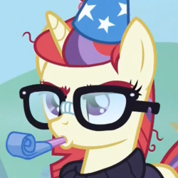 Size: 318x318 | Tagged: safe, screencap, moondancer, pony, unicorn, amending fences, g4, season 5, female, frown, grumpy, hat, party hat, party horn, solo