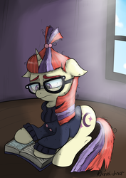 Size: 2893x4092 | Tagged: safe, artist:kleineluhnar, moondancer, pony, amending fences, g4, book, crying, female, lonely, sad, solo