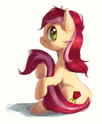 Size: 1652x2000 | Tagged: safe, artist:lis-alis, roseluck, earth pony, pony, g4, commissioner:doom9454, cute, female, fluffy, looking back, mare, rosabetes, sitting, smiling, solo, tail hold, tail hug