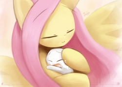 Size: 1209x866 | Tagged: safe, artist:howxu, angel bunny, fluttershy, pegasus, pony, rabbit, g4, angelbetes, animal, comforting, crying, cute, duo, fluttermom, shyabetes