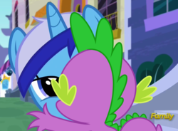 Size: 1361x1002 | Tagged: safe, artist:dashiesparkle edit, edit, edited screencap, hundreds of users filter this tag, screencap, vector edit, minuette, spike, pony, unicorn, amending fences, g4, bedroom eyes, discovery family logo, female, kiss on the lips, kissing, love, male, ship:spigate, shipping, show accurate, straight