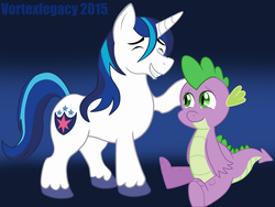 Size: 4608x3456 | Tagged: safe, artist:vortexlegacy, shining armor, spike, g4, brothers, duo, eyes closed, raised hoof, raised leg, sitting