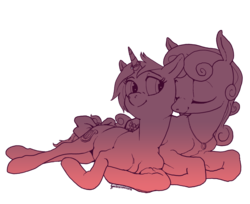 Size: 994x811 | Tagged: safe, artist:spectralunicorn, bon bon, lyra heartstrings, sweetie drops, earth pony, pony, unicorn, g4, bow, eyes closed, female, gradient, lesbian, limited palette, monochrome, prone, ring, ship:lyrabon, shipping, simple background, smiling, tail bow, transparent background