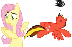 Size: 1024x666 | Tagged: safe, artist:deaththeponyse, fluttershy, oc, pegasus, pony, g4, alternate eye color, body swap, confused, cutie mark swap, eye swap, faint, female, male, on back, rule 63, simple background, transparent background