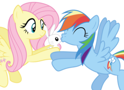 Size: 1130x824 | Tagged: safe, edit, angel bunny, fluttershy, rainbow dash, pegasus, pony, rabbit, g4, angeldash, animal, female, flying, kissing, mare, prank, shipping denied, simple background, spread wings, transparent background, wings