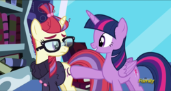 Size: 1909x1014 | Tagged: safe, screencap, moondancer, twilight sparkle, alicorn, pony, amending fences, g4, book, butt touch, clothes, female, frown, glasses, hoof on butt, mare, smiling, sweater, twilight sparkle (alicorn), twilight's canterlot home
