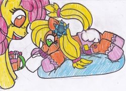 Size: 1024x740 | Tagged: dead source, safe, artist:cuddlelamb, apple bloom, applejack, earth pony, pony, g4, age regression, baby, baby bottle, baby pony, booties, diaper, foal, poison joke, traditional art