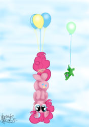 Size: 4080x5800 | Tagged: safe, artist:vegemiteguzzler, gummy, pinkie pie, g4, absurd resolution, balloon, floating, hung upside down, then watch her balloons lift her up to the sky, upside down