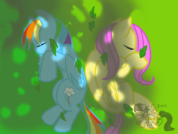 Size: 1600x1200 | Tagged: safe, artist:cosmic-rust, fluttershy, rainbow dash, g4, female, leaves, lesbian, ship:flutterdash, shipping, sleeping, sleeping together