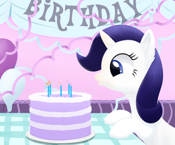 Size: 3600x3000 | Tagged: safe, artist:galekz, rarity, pony, unicorn, g4, birthday, cake, female, high res, horn, solo, younger