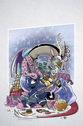 Size: 787x1195 | Tagged: safe, artist:brendahickey, idw, discord, princess luna, alicorn, draconequus, pony, friends forever, g4, spoiler:comic, spoiler:comicff20, bunny slippers, clothes, cover, cute, duo, female, hair curlers, male, mare, mud mask, pajamas, popcorn, sleep mask, slippers, slumber party
