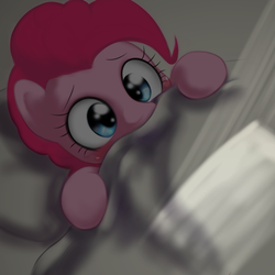 Size: 1000x1000 | Tagged: dead source, safe, artist:ushiro no kukan, pinkie pie, pony, g4, bed, blanket, cute, dark, diapinkes, female, in bed, solo