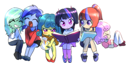 Size: 1600x800 | Tagged: safe, artist:quizia, lemon hearts, lyra heartstrings, minuette, moondancer, twilight sparkle, twinkleshine, amending fences, equestria girls, g4, :i, book, canterlot six, clothes, cute, dancerbetes, dress, equestria girls-ified, erlenmeyer flask, flask, flaskhead hearts, lyrabetes, mary janes, minubetes, pants, pigtails, pleated skirt, ponytail, quizia is trying to murder us, shirt, shoes, shorts, skirt, socks, younger