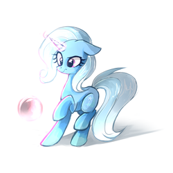Size: 1280x1280 | Tagged: dead source, safe, artist:mirtash, trixie, pony, unicorn, rcf community, g4, bubble, female, floppy ears, glowing horn, horn, magic, mare, missing accessory, raised hoof, raised leg, simple background, solo, standing, white background