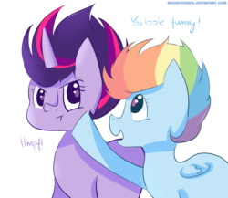 Size: 2021x1753 | Tagged: safe, artist:bukaa-a, rainbow dash, twilight sparkle, g4, alternate hairstyle, scrunchy face