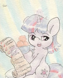 Size: 681x840 | Tagged: safe, artist:slightlyshade, twilight sparkle, g4, checklist, female, ice cream, solo, traditional art