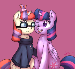 Size: 1200x1100 | Tagged: safe, artist:wolfy-pony, moondancer, twilight sparkle, alicorn, pony, unicorn, amending fences, g4, duo, female, glasses, lesbian, mare, purple background, ship:twidancer, shipping, simple background, twilight sparkle (alicorn)