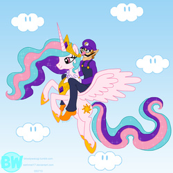 Size: 2000x2000 | Tagged: safe, artist:sekhmet17, princess celestia, alicorn, human, pony, g4, cloud, crossover, duo, female, flying, high res, humans riding ponies, male, mare, nintendo, riding, riding a pony, sky, super mario bros., waluigi