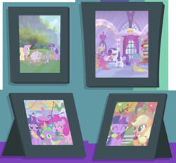 Size: 734x682 | Tagged: safe, applejack, fluttershy, pinkie pie, rarity, spike, twilight sparkle, pig, amending fences, g4, my little pony: friendship is magic, apple, apple tree, cute, flower, lei, luau, photo, picture, picture frame, tree