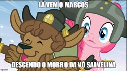 Size: 888x499 | Tagged: safe, pinkie pie, yuffie, pony, yak, g4, party pooped, calf, duo, eyes closed, female, helmet, horn, horn ring, horned helmet, image macro, mare, meme, portuguese, viking helmet, yak calf