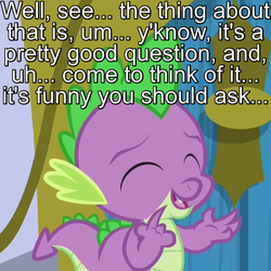 Size: 600x600 | Tagged: safe, screencap, spike, amending fences, g4, awkward, caption, eyes closed, image macro, male, meme, open mouth, pointing, solo, unsure