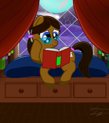 Size: 1200x1350 | Tagged: safe, artist:mew-drops, oc, oc only, oc:honey reader, pony, book, cushion, glasses, ponysona, reading, solo, supporting head, window