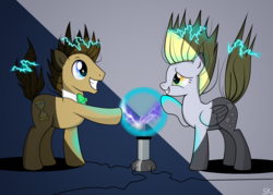 Size: 1262x902 | Tagged: safe, artist:dsana, derpy hooves, doctor whooves, time turner, pony, g4, slice of life (episode), grin, male, plasma ball, smiling, squee, stallion, static electricity