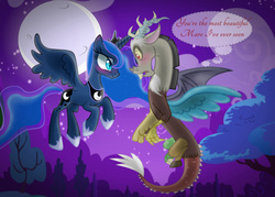 Size: 2100x1500 | Tagged: safe, artist:elementalokami, discord, princess luna, g4, blushing, female, flying, male, night, ship:lunacord, shipping, sky, straight