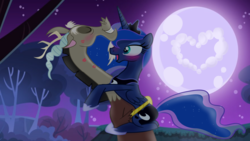 Size: 1407x794 | Tagged: safe, artist:elementalokami, discord, princess luna, g4, blushing, female, heart, kiss mark, male, night, ship:lunacord, shipping, show accurate, straight