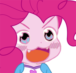 Size: 358x344 | Tagged: safe, artist:pinkiepiemike, pinkie pie, equestria girls, g4, :3, blushing, cute, fangs, meme, ohayou face, touhou