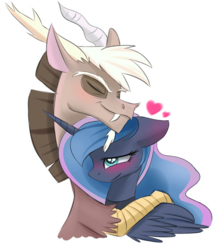 Size: 2012x2247 | Tagged: safe, artist:elementalokami, discord, princess luna, g4, blushing, female, heart, high res, hug, male, ship:lunacord, shipping, simple background, straight, younger