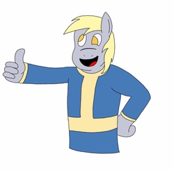 Size: 1155x1130 | Tagged: safe, derpy hooves, anthro, fallout equestria, g4, fallout, female, solo, thumbs up, vault boy, video game, video game crossover