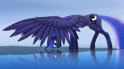 Size: 2500x1388 | Tagged: safe, artist:madhotaru, princess luna, alicorn, pony, g4, behaving like a bird, cute, ethereal tail, female, frown, glare, gradient background, large wings, long tail, looking down, mare, missing accessory, raised leg, reflection, slender, solo, spread wings, standing, tail, tall, thin