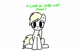 Size: 1455x967 | Tagged: safe, artist:ajw, oc, oc only, oc:aryanne, earth pony, pony, alternate eye color, female, german, question, sad, simple background, sitting, solo, translated in the description, white background