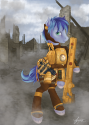 Size: 2480x3508 | Tagged: safe, artist:katyand, oc, oc only, pony, tau, armor, crossover, fire warrior, high res, male, pulse rifle, solo, stallion, tau empire, warhammer (game), warhammer 40k